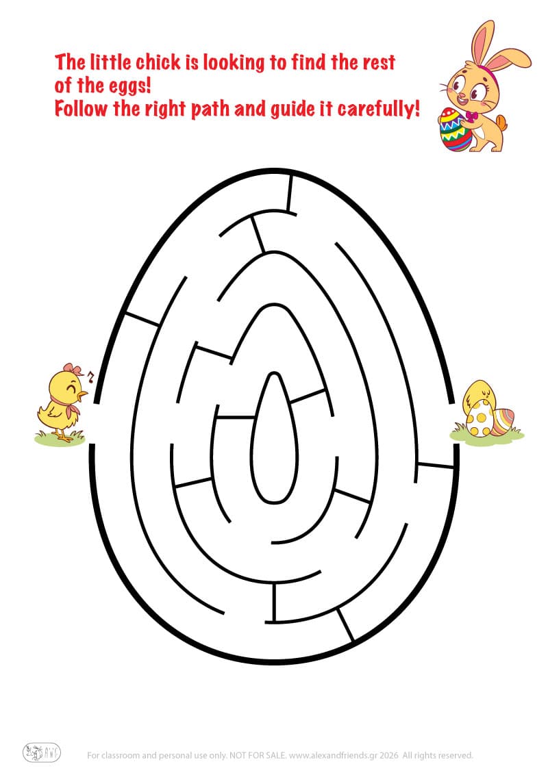 Chick and eggs. Easter maze worksheets for kids 