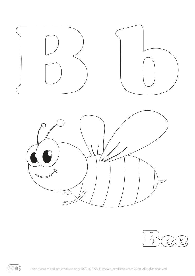 Learning english alphabet for kids. Free printable coloring page with letter B b and a bee