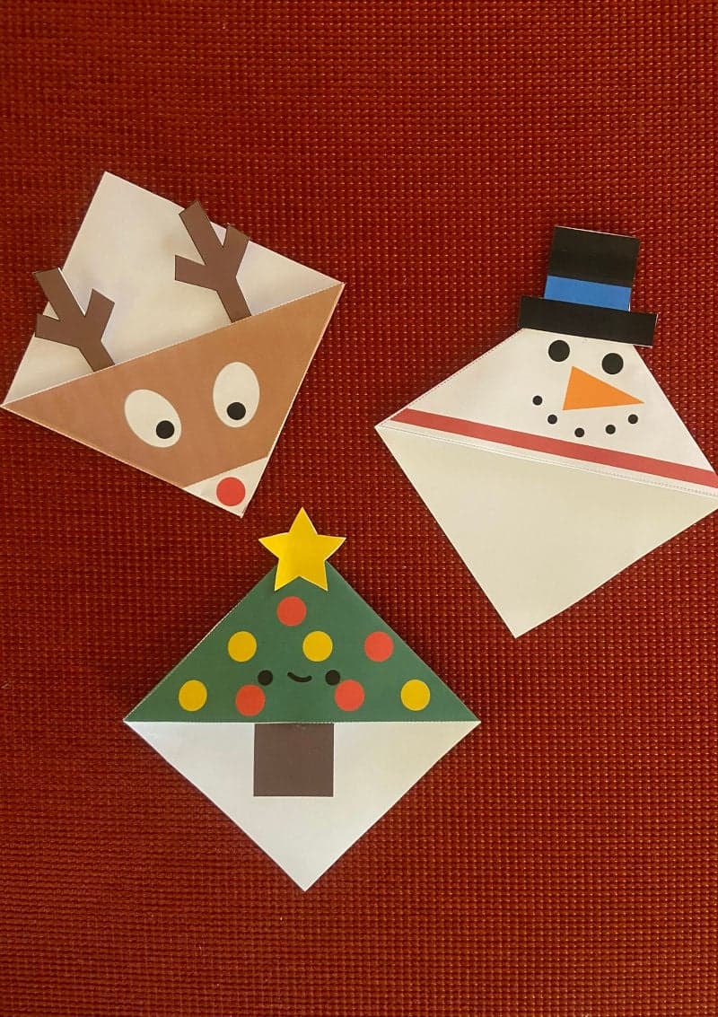 Free printable craft for kids for the holidays. Christmas and New Year's. Bookmarks Christmas tree, reindeer, snowman.