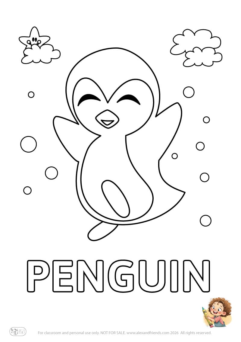 Letter P - PENGUIN. Printable English alphabet coloring pages for children learning letters