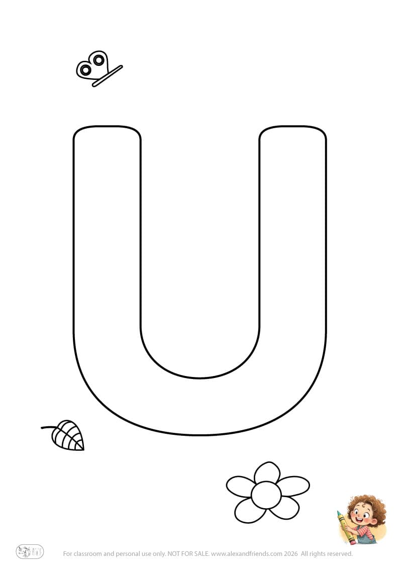 Letter U. Printable English alphabet coloring pages for children learning letters