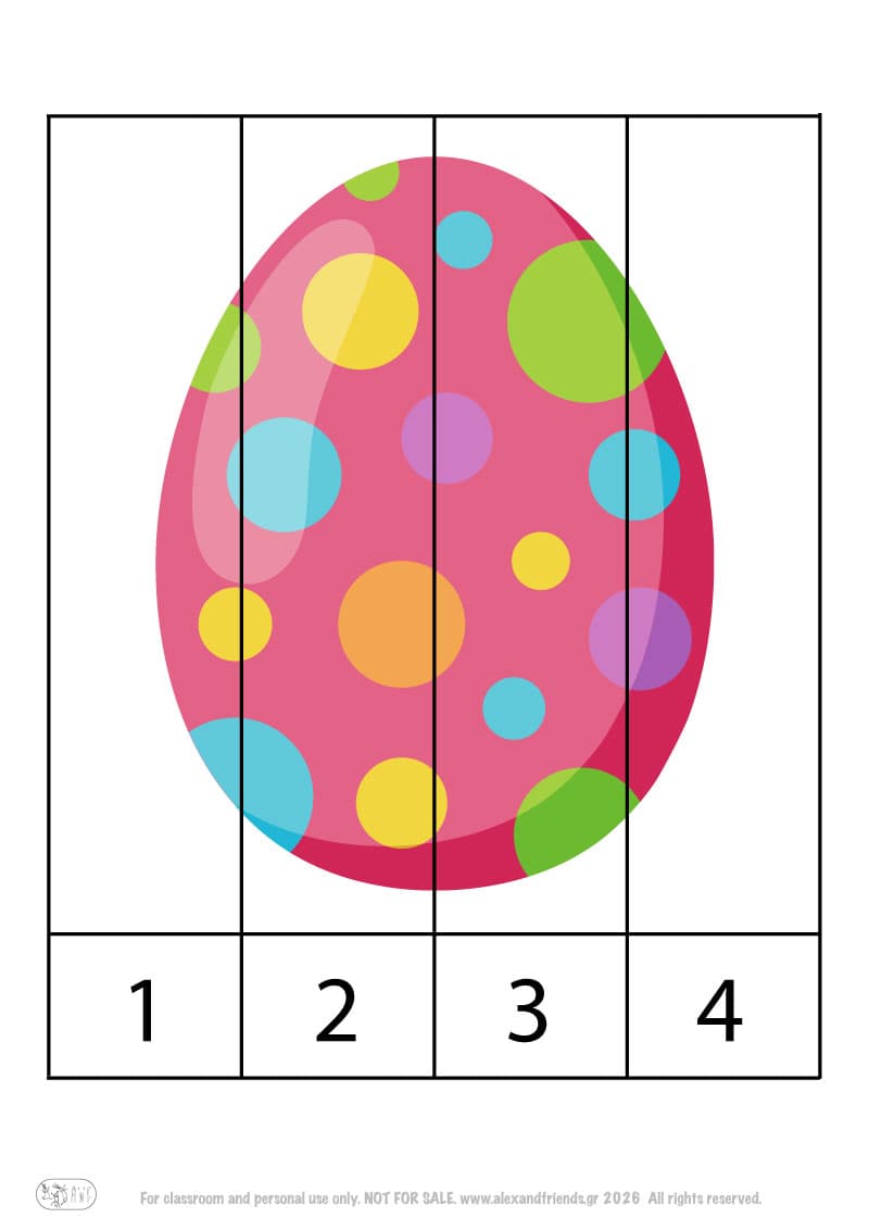 Easter Egg- numbers 1-4. Colorful Easter number puzzle printable for preschool children learning numbers