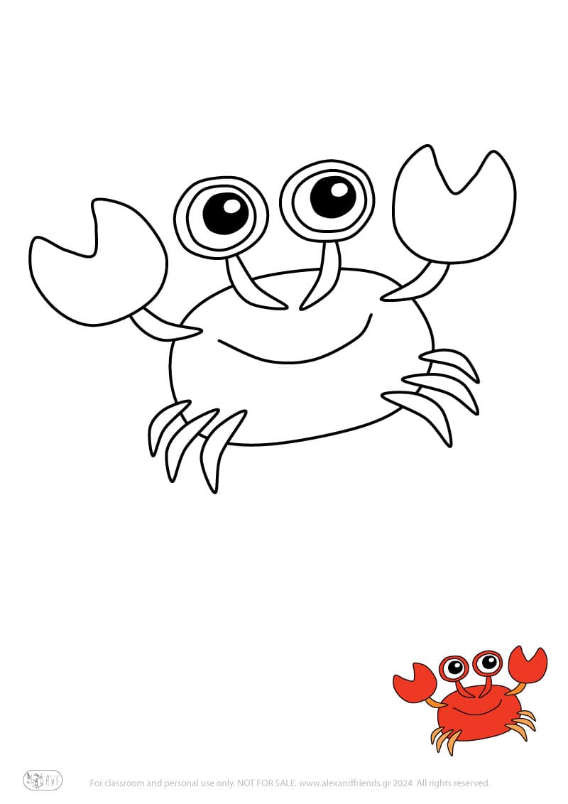 Learning activity for kids. Free printable coloring page of a crab