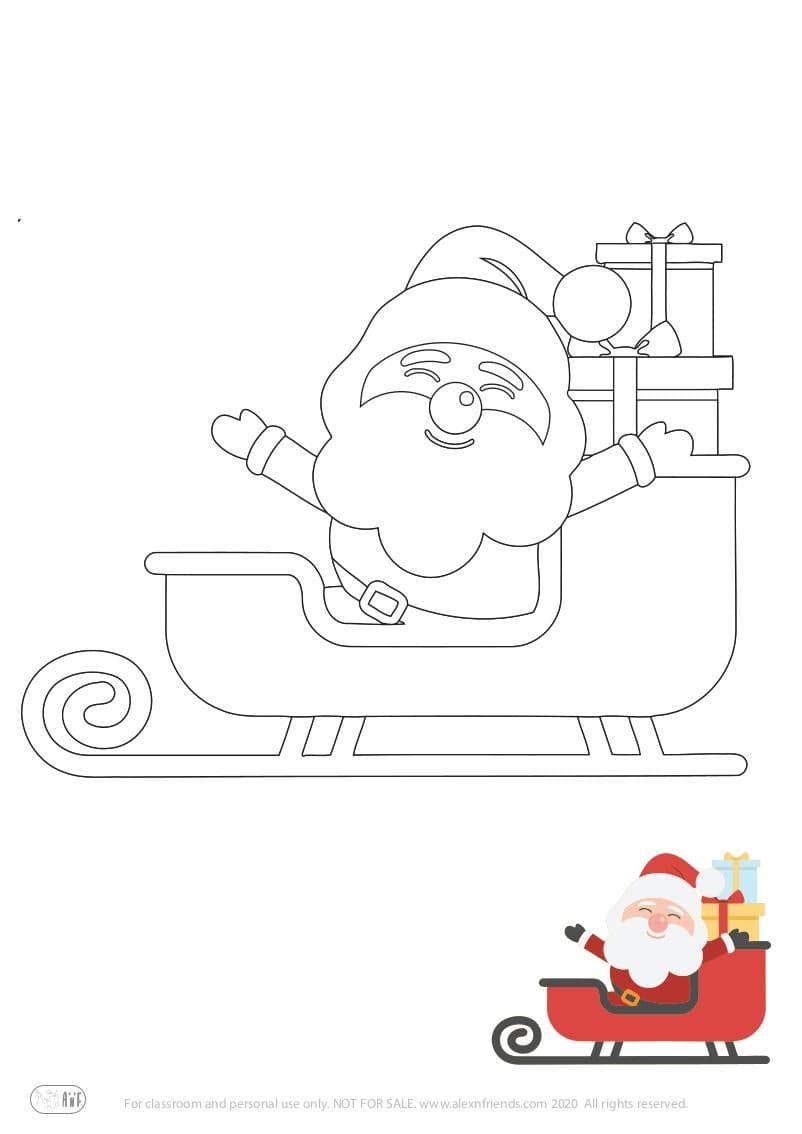 Free printable holiday coloring page for kids. Christmas and New Year. Santa Claus and sleigh. 