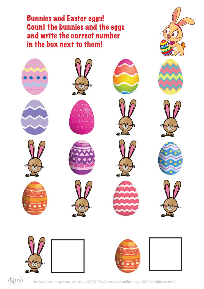 Write the correct number. Printable Easter preschool worksheet 