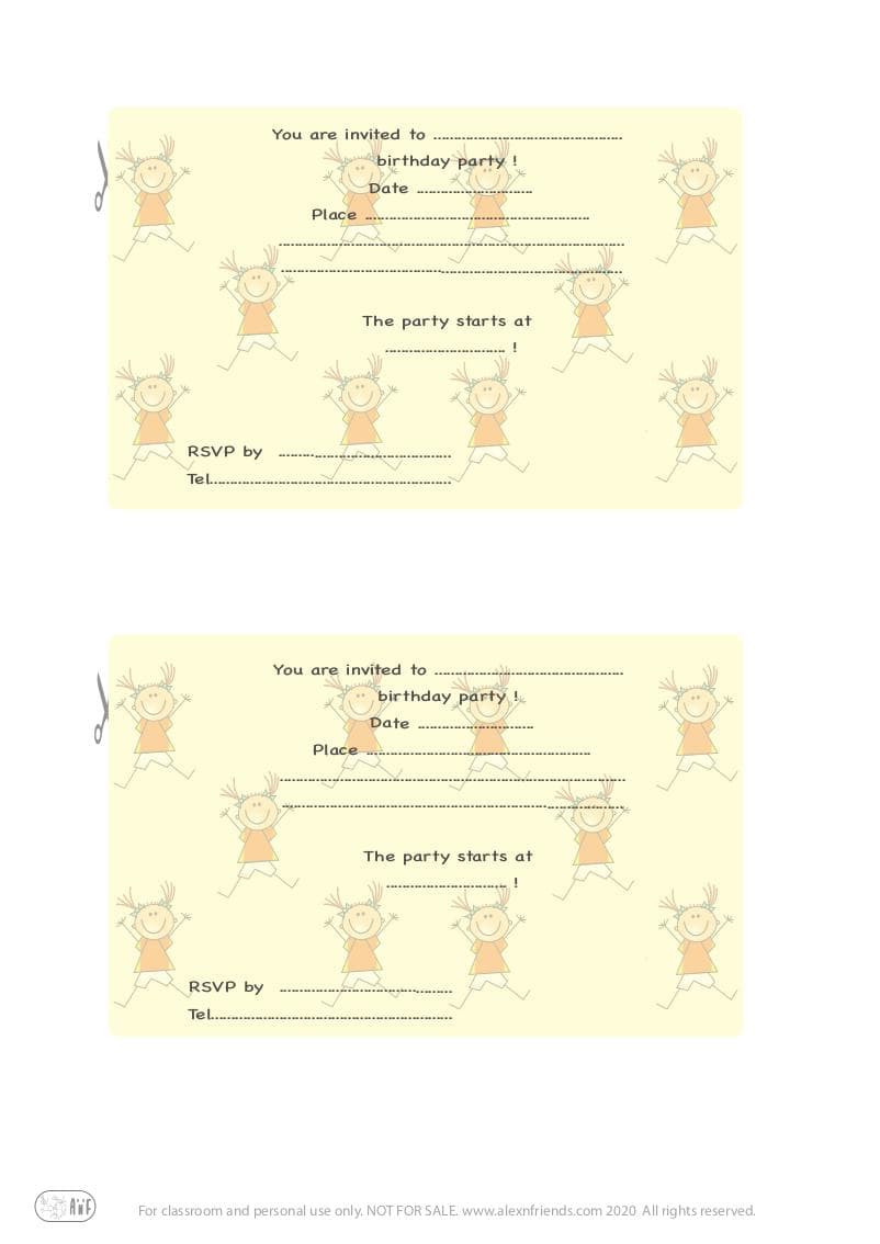 Free printable kid's birthday invitation in english with happy kids in yellow background.