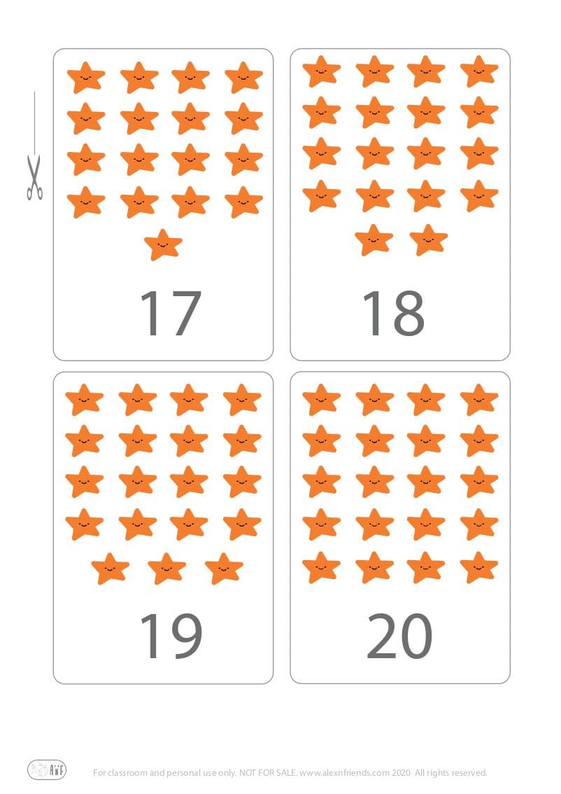 Xαρούμενες δωρεάν εκτυπώσιμες κάρτες με αστεράκια για παιδιά για την εκμάθηση των αριθμών 17, 18, 19, 20 