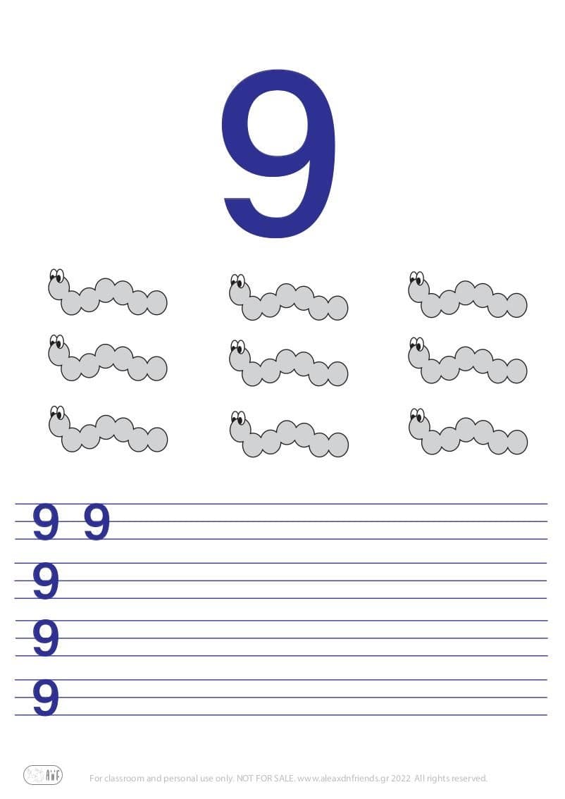 Αριθμός 9. Δραστηριότητα γραφής αριθμών για νηπιαγωγείο