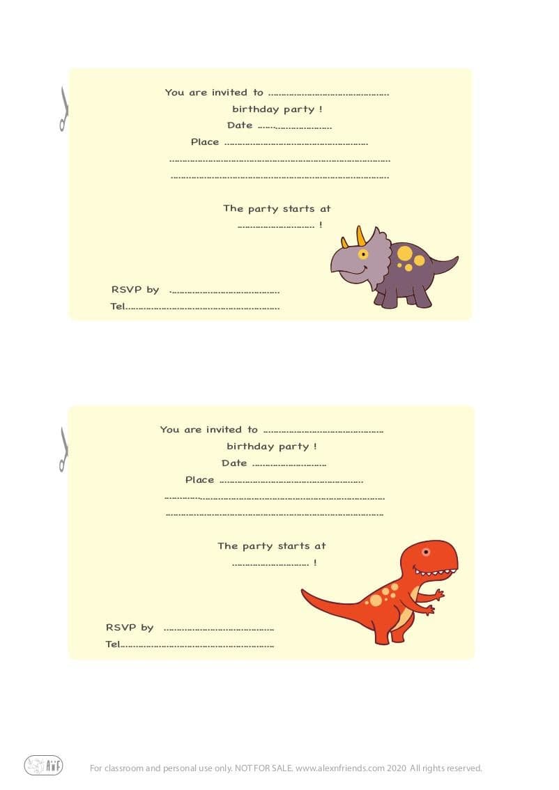 Free printable kid's birthday invitation in english with dinosaurs in yellow background.