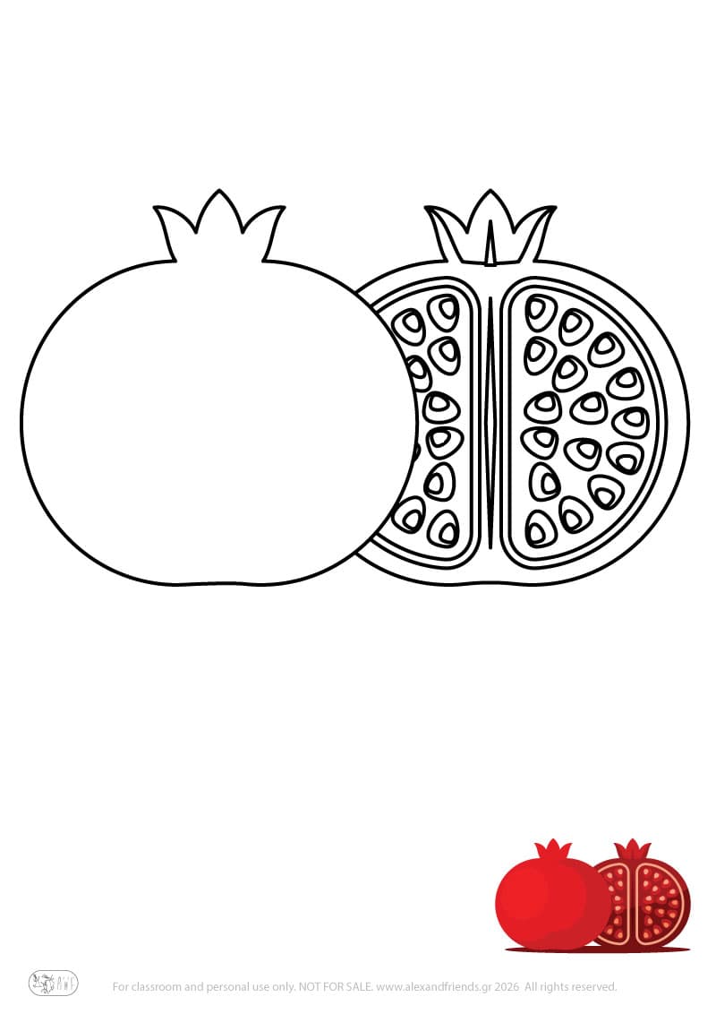 Learning activity for kids. Free printable coloring page of a pomegranate