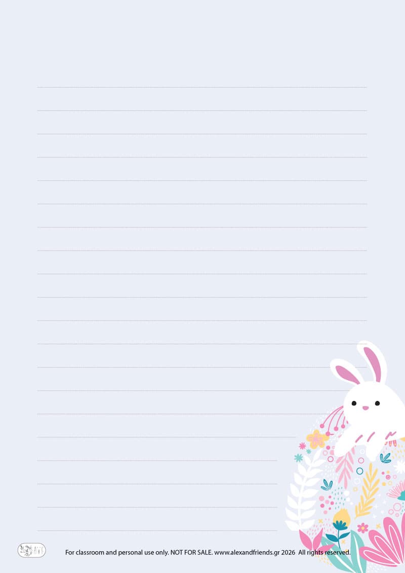 Bunny and eggs. Printable Easter writing paper for kids with festive spring designs