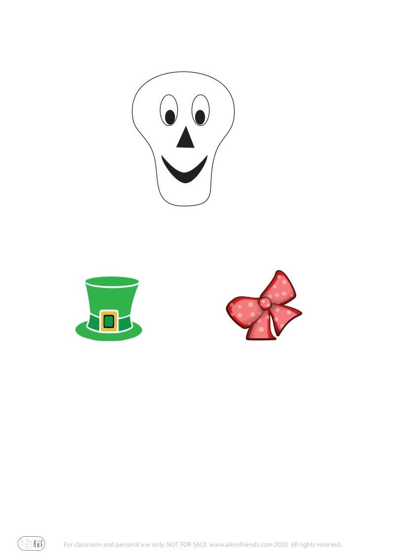 Halloween. Free printable craft for preschoolers. Head, hat and bow for the Q-tips skeleton.