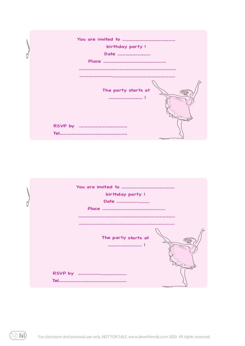 Free printable kid's birthday invitation in english with ballerina in pink background.