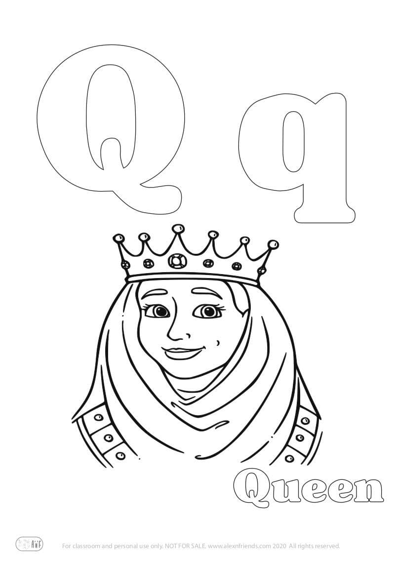 Learning english alphabet for kids. Free printable coloring page with letter Q q and a queen