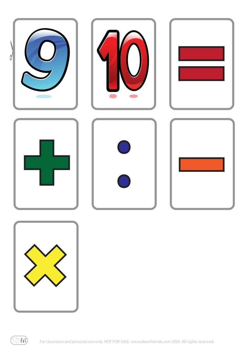 Learning numbers. Free printable flash cards for kids with numbers 9, 10, and math symbols