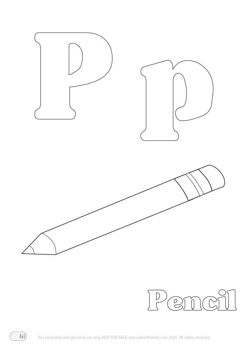Learning english alphabet for kids. Free printable coloring page with letter P p and a pencil