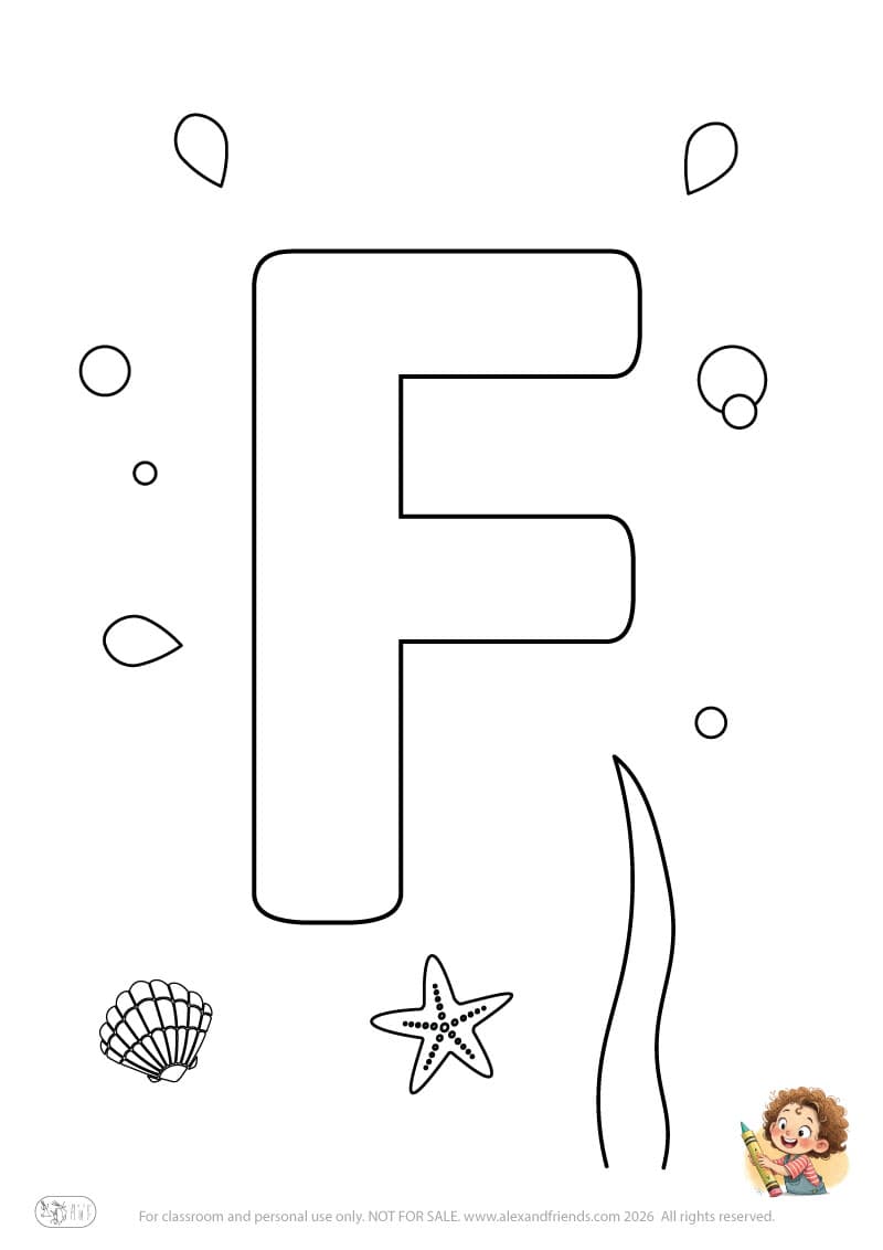 Letter F. Printable English alphabet coloring pages for children learning letters