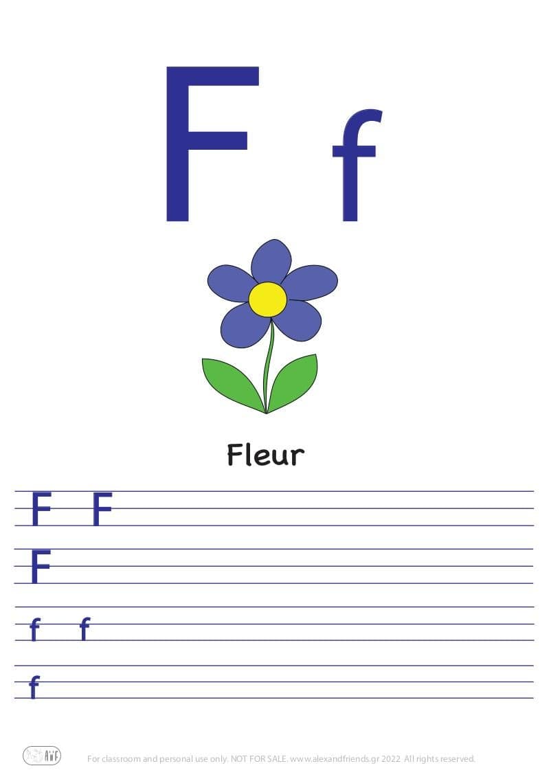 French alphabet. Free printable writing exercise for the letter F f and a flower.