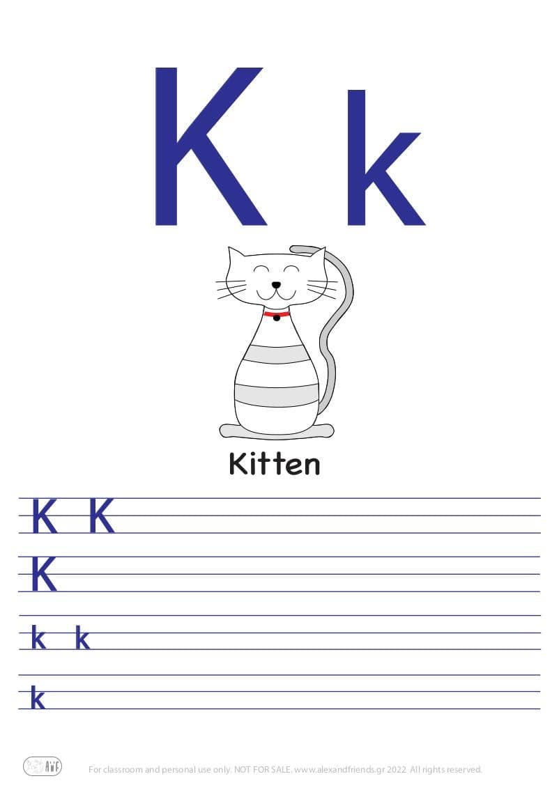 English alphabet. Free printable writing exercise for the letter K k and a kitten.