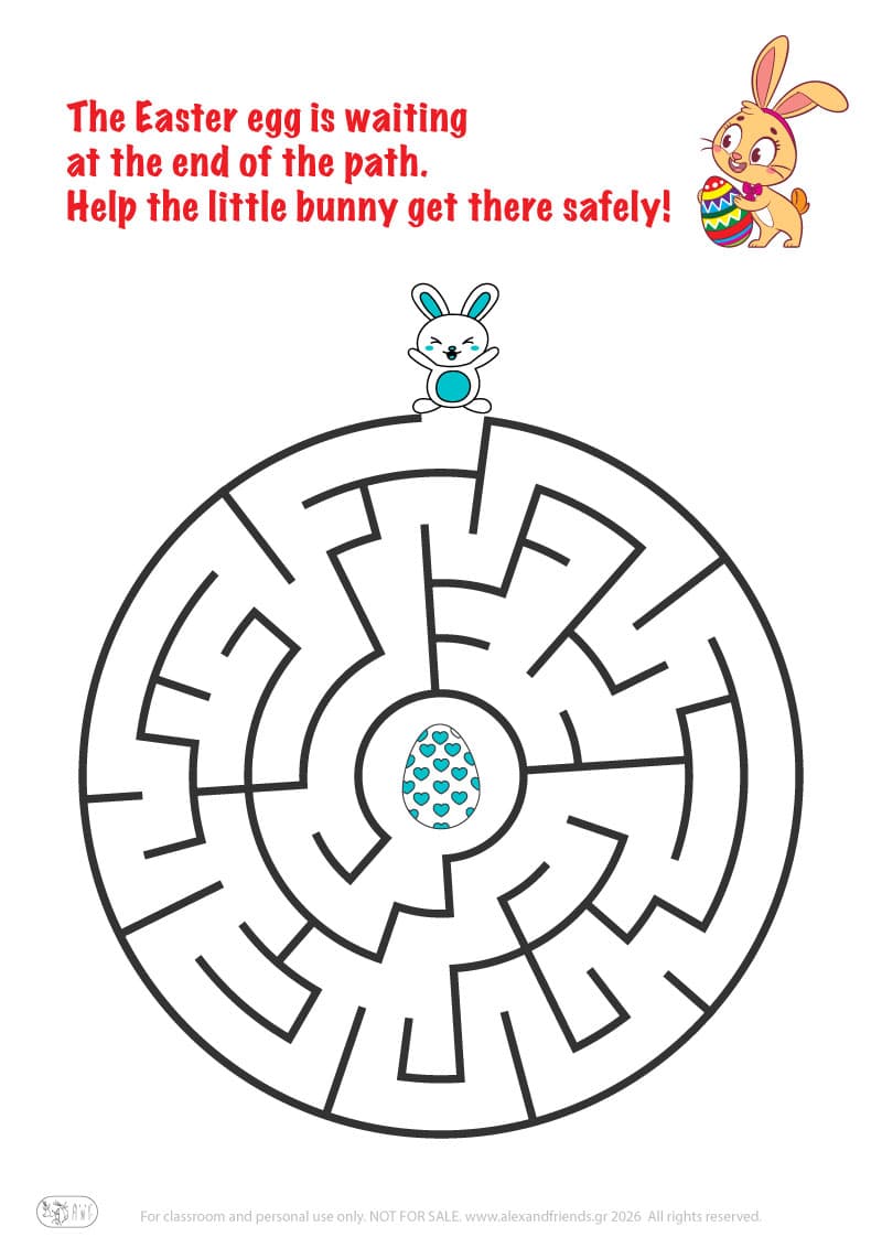 Bunny and Easter egg. Easter maze worksheets for kids 