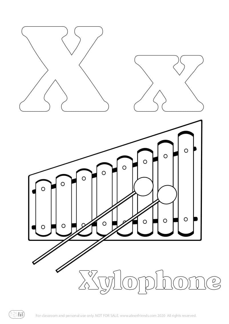 Learning english alphabet for kids. Free printable coloring page and letter X x and a xylophone