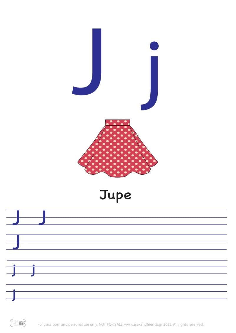 French alphabet. Free printable writing exercise for the letter J j and a skirt.