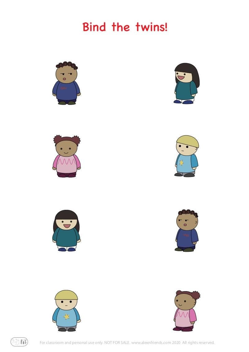 Free printable educational exercise for preschoolers. Bind the twins. Describe a pair to a child. 