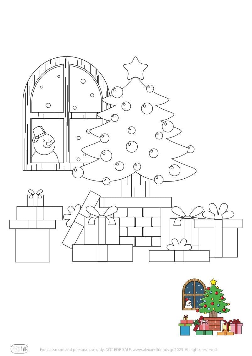 Free Christmas Coloring Pages for kids toddlers preschool kindergarten. Christmas tree with gifts.