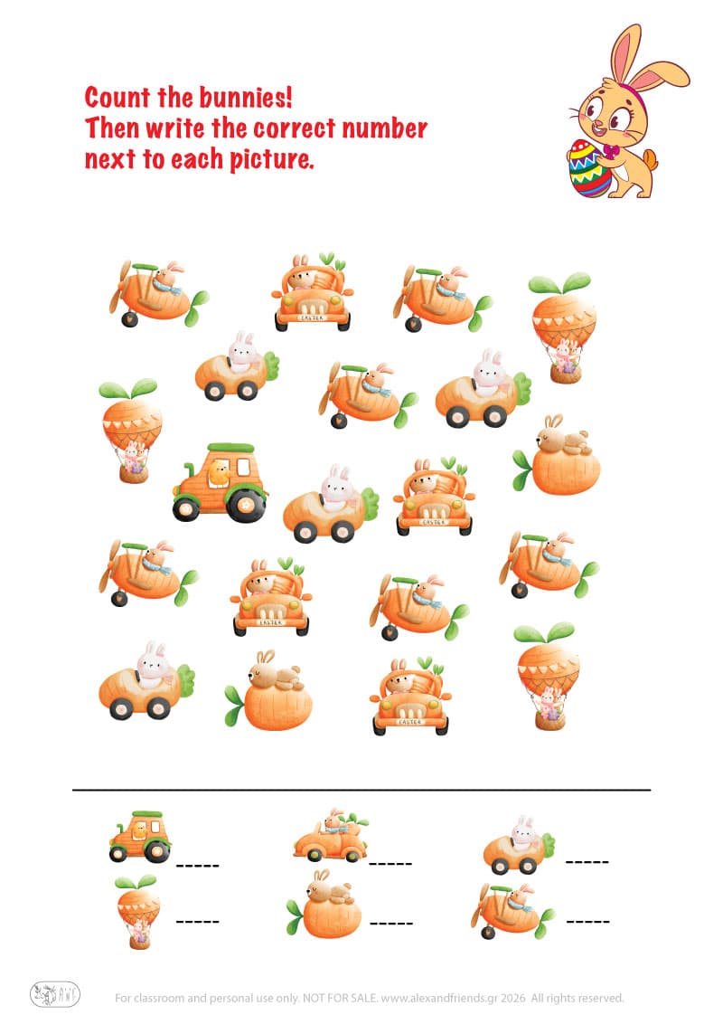 Count the bunnies. Printable Easter preschool worksheet 