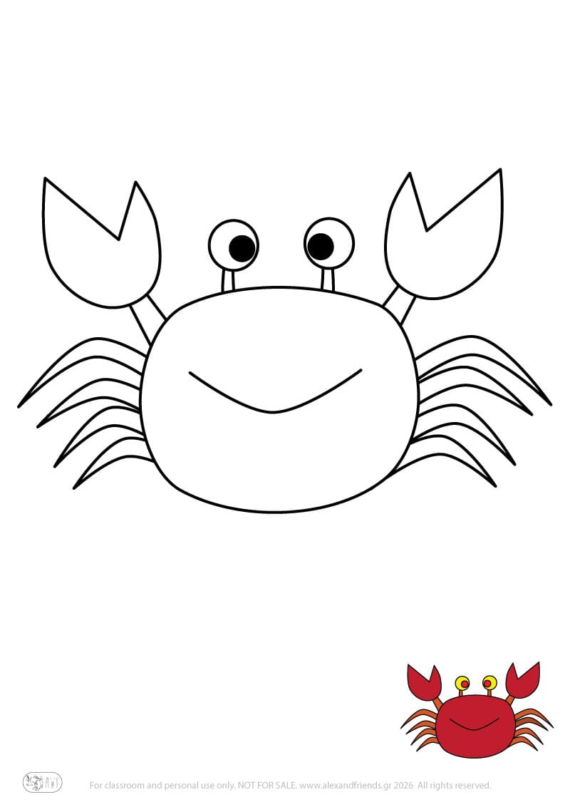 Learning activity for kids. Free printable coloring page of a crab