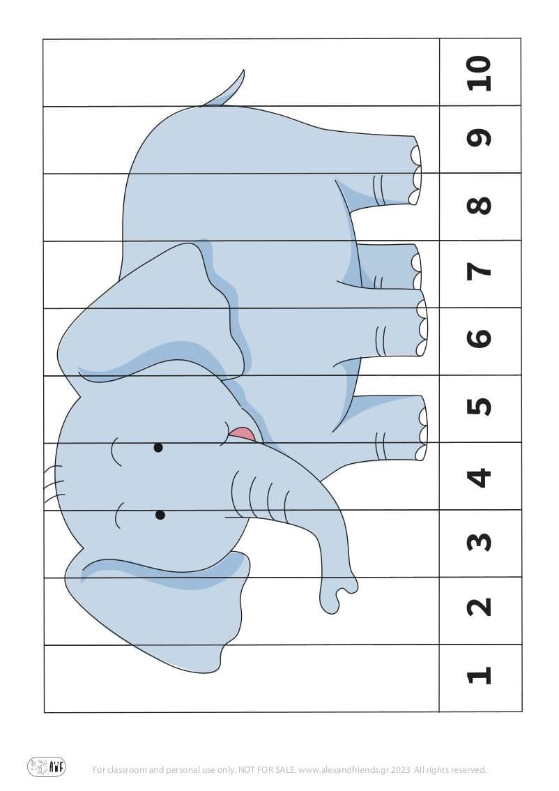 Elephant. Printable educational number puzzle. Learn numbers activity for kids