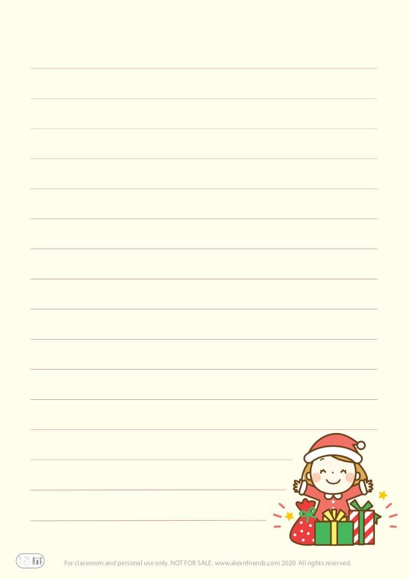 Free printable writing paper with envelop. Happy girl with presents.