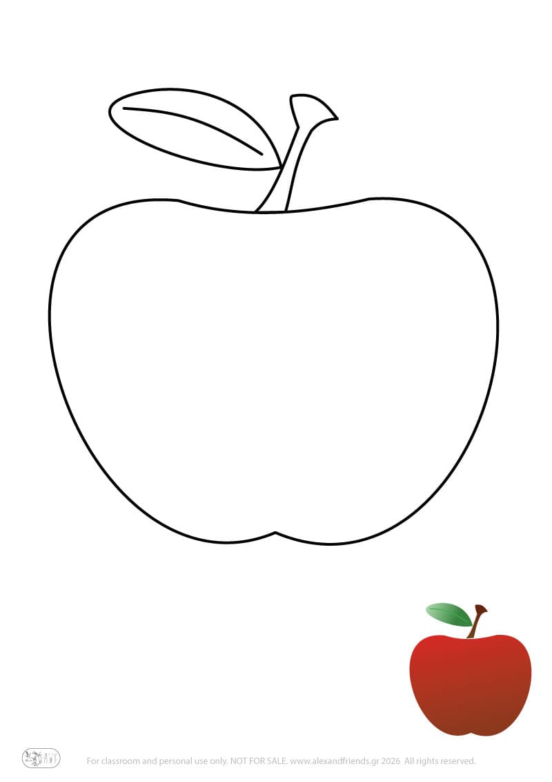 Learning activity for kids. Free printable coloring page of an apple