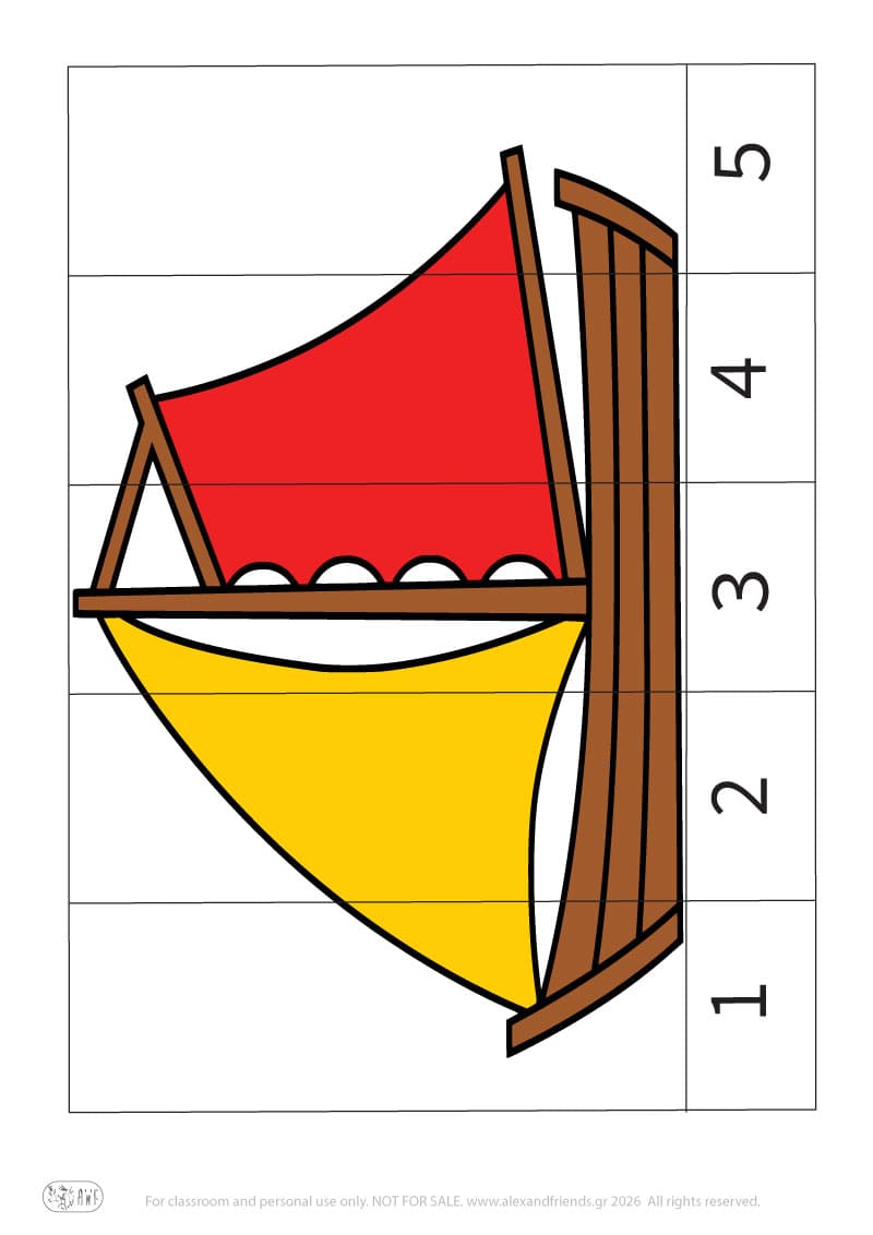 Boat. Printable educational number puzzle. Learn numbers activity for kids