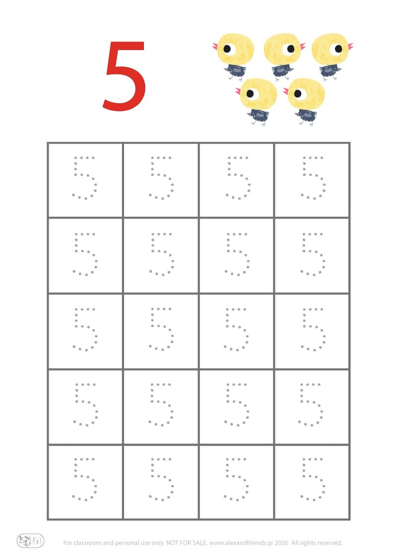 Number 5. Easter pre-writing number worksheets for kids