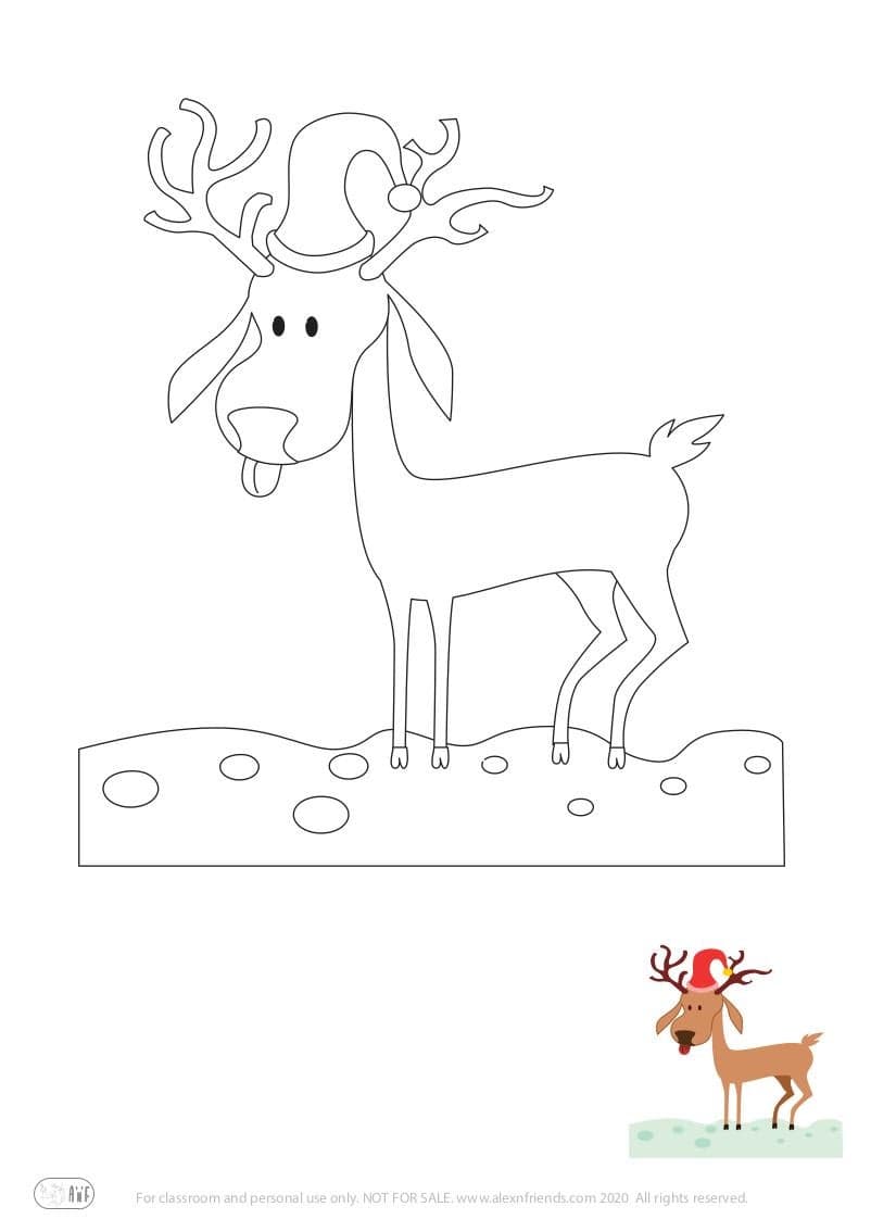 Free printable holiday coloring page for kids. Christmas and New Year. Reindeer with red hat.