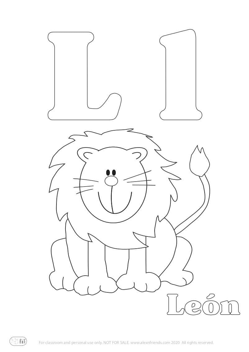 Εκμάθηση της Iσπανικής αλφάβητου για παιδιά. Δωρεάν εκτυπώσιμο φύλλο ζωγραφικής με το γράμμα L l και λιοντάρι