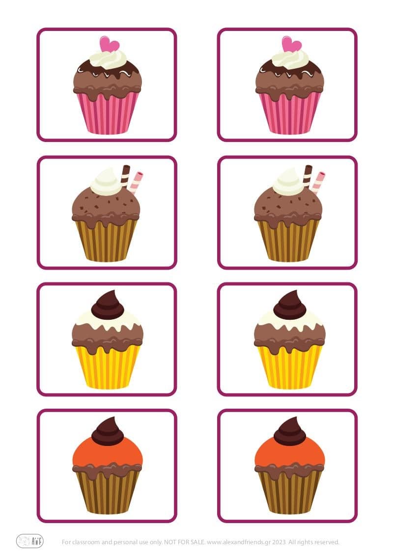 Memory card matching game for children toddlers. Cup cakes. Free printables.