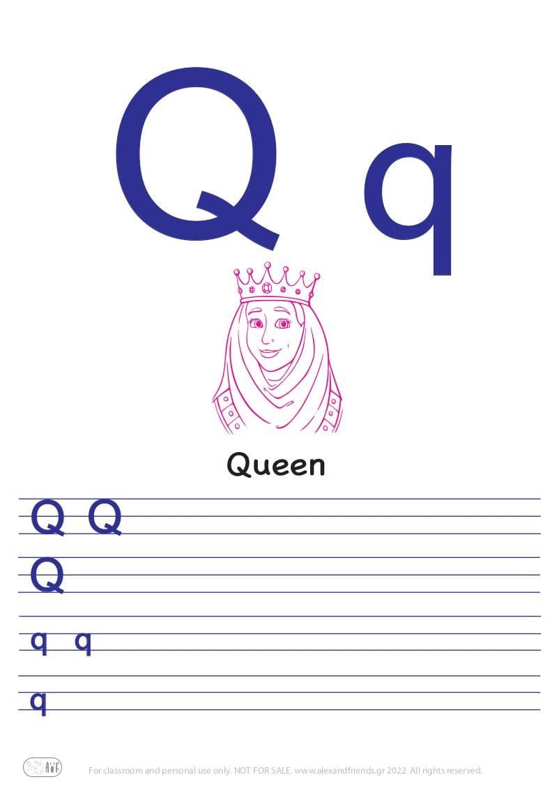English alphabet. Free printable writing exercise for the letter Q q and a queen.
