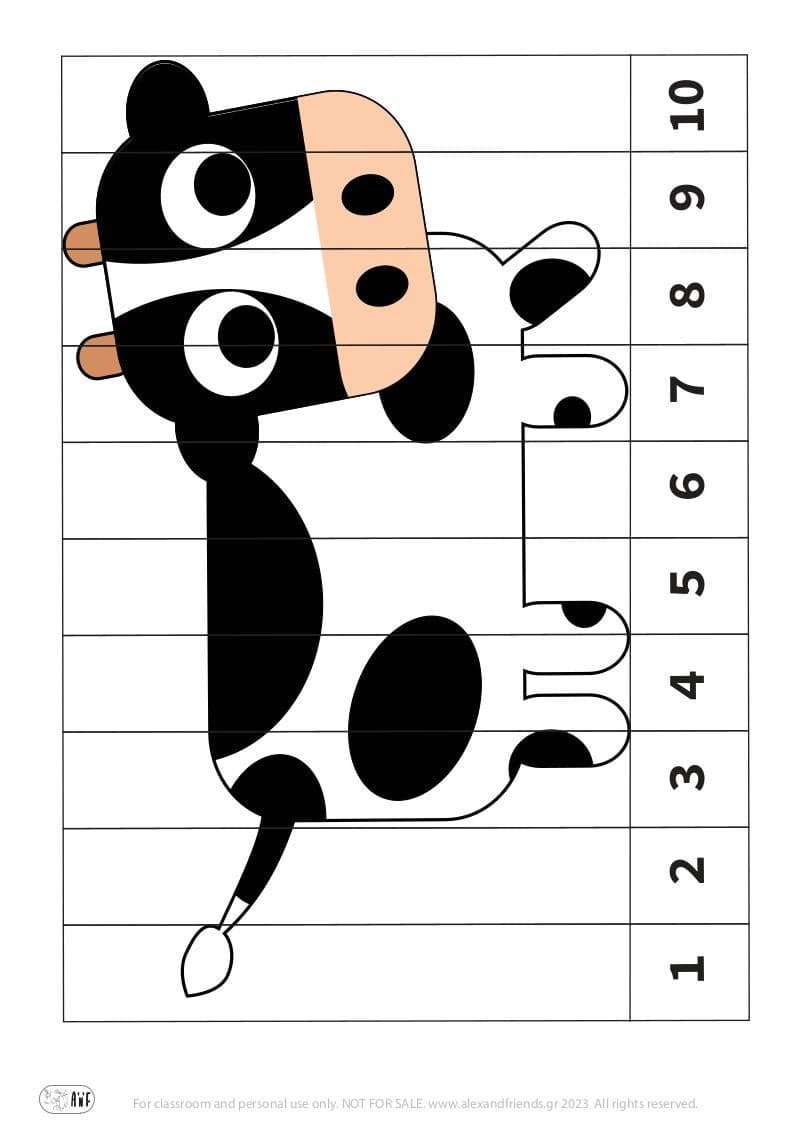 Cow. Printable educational number puzzle. Learn numbers activity for kids