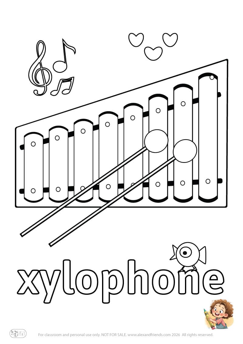 Letter x - xylophone.Printable English alphabet coloring pages for children learning letters