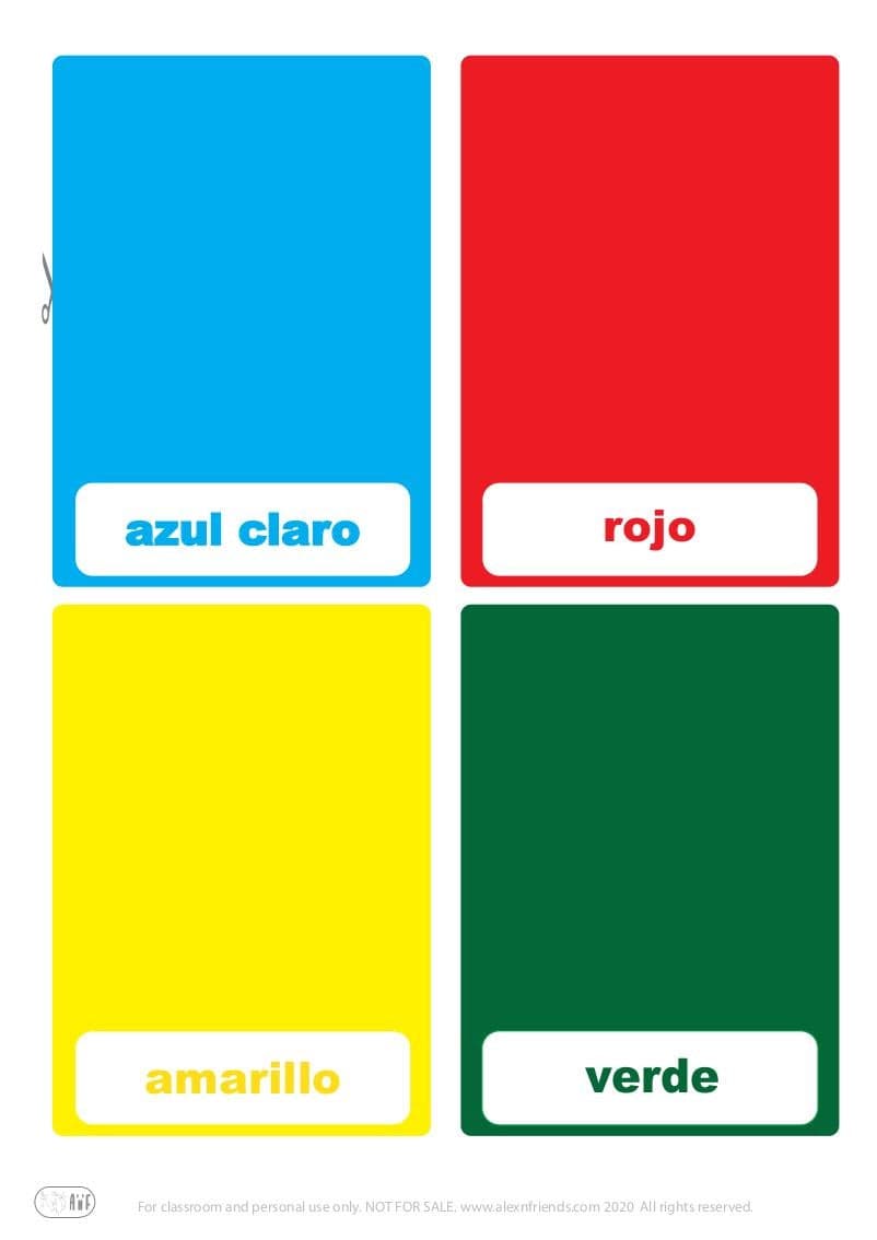 Free printable flash cards for kids. Learning colors in Spanish light blue, red, yellow, green