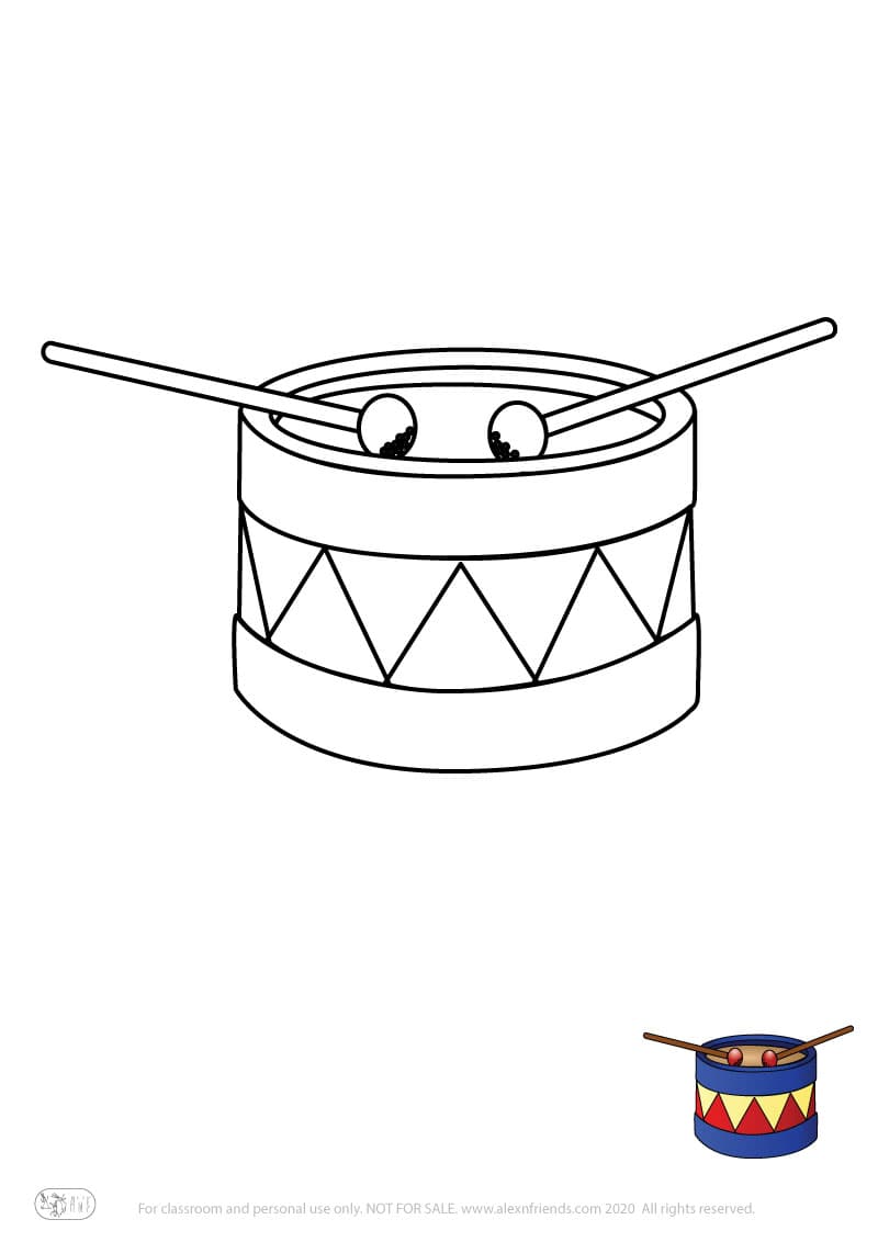 Εκπαιδευτική δραστηριότητα για παιδιά. Δωρεάν εκτυπώσιμο φύλλο ζωγραφικής με τύμπανο