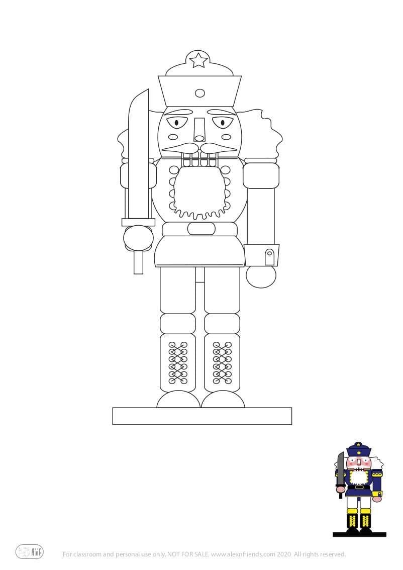 Free printable holiday coloring page for kids. Christmas and New Year. The Nutcracker.