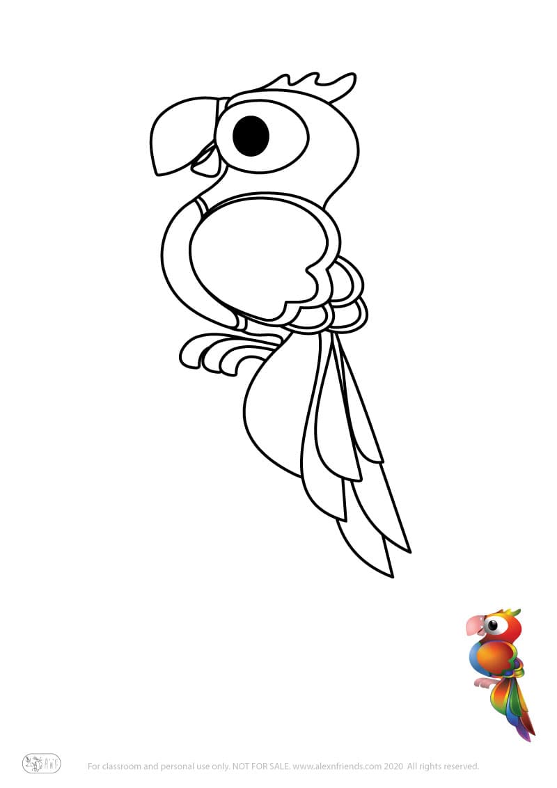 Learning activity for kids. Free printable coloring page of a parrot
