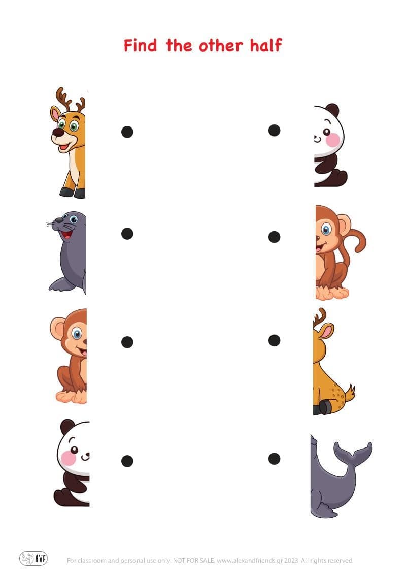 Matching exercise for kids. Educational material. Free printable. Deer, panda, monkey, sea horse.