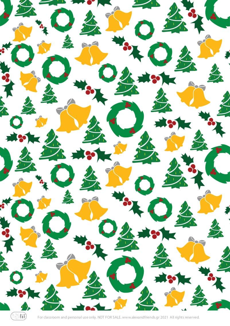 Free printable wrapping paper for Christmas and New Year. Christmas trees and bells.