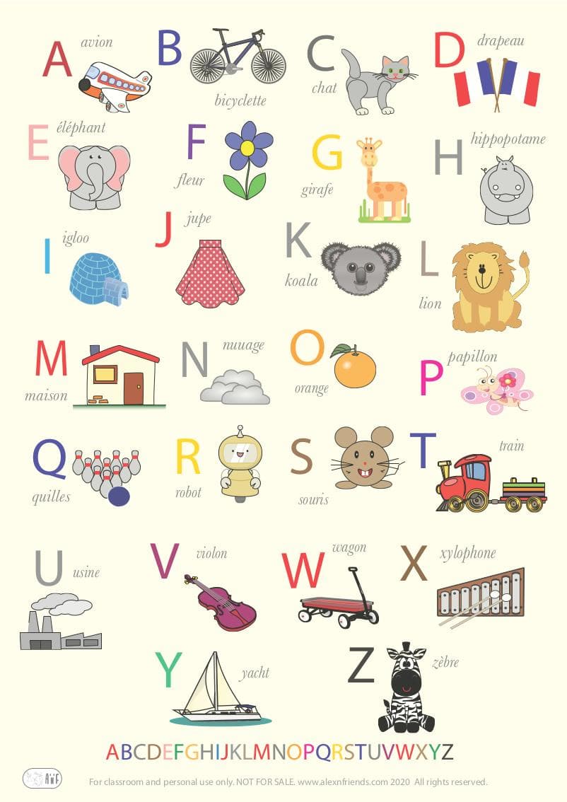 Free printable yellow poster. Learning french alphabet for kids.