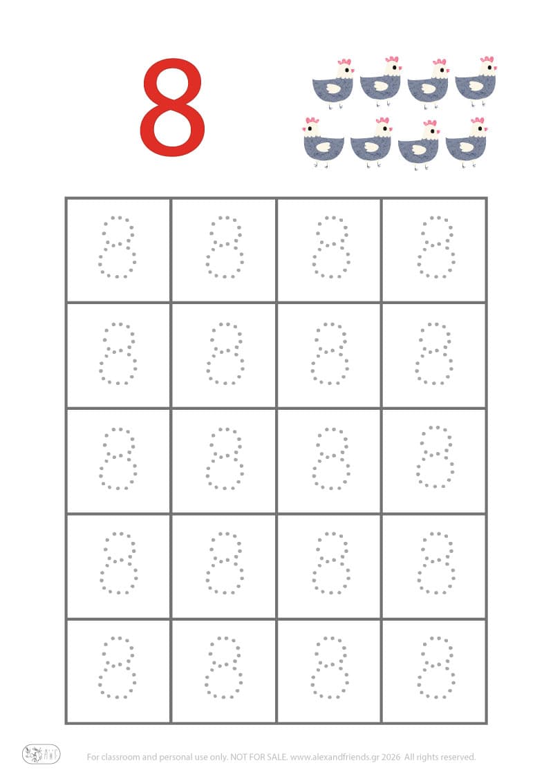 Number 8. Easter pre-writing number worksheets for kids