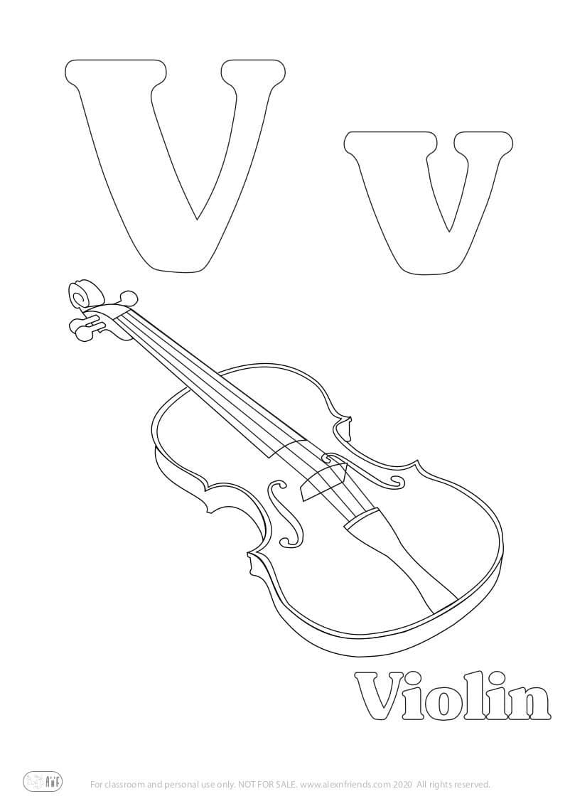 Learning english alphabet for kids. Free printable coloring page and letter V v and a violin